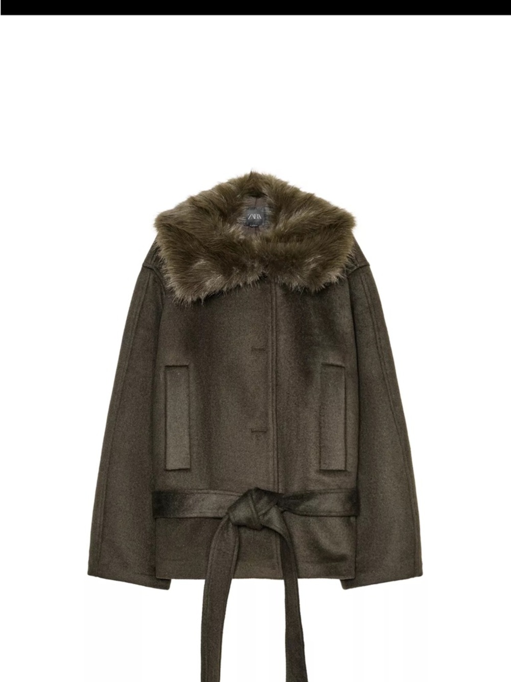 Zara Olive Green Faux-Fur Collar Belted Cape Coat